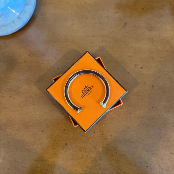 Hermes Gold Burgundy Leather Bangle Cuff Bracelet - Picture 4 of 10